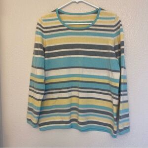 Peter Hahn cashmere crewneck pastel blue yellow gray  metallic stripe sweater L